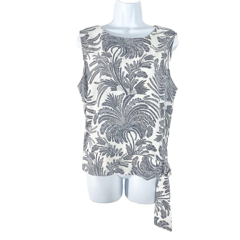 Talbots Sleeveless Blouse Size 14 White Navy Palm Print Side Hip Tie Top